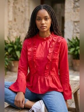 Amaryllis Bright Red Ruffled Peplum Blouse